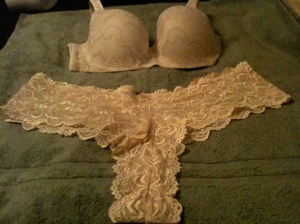 Beige lace bra and lace tanga panties by Cacique